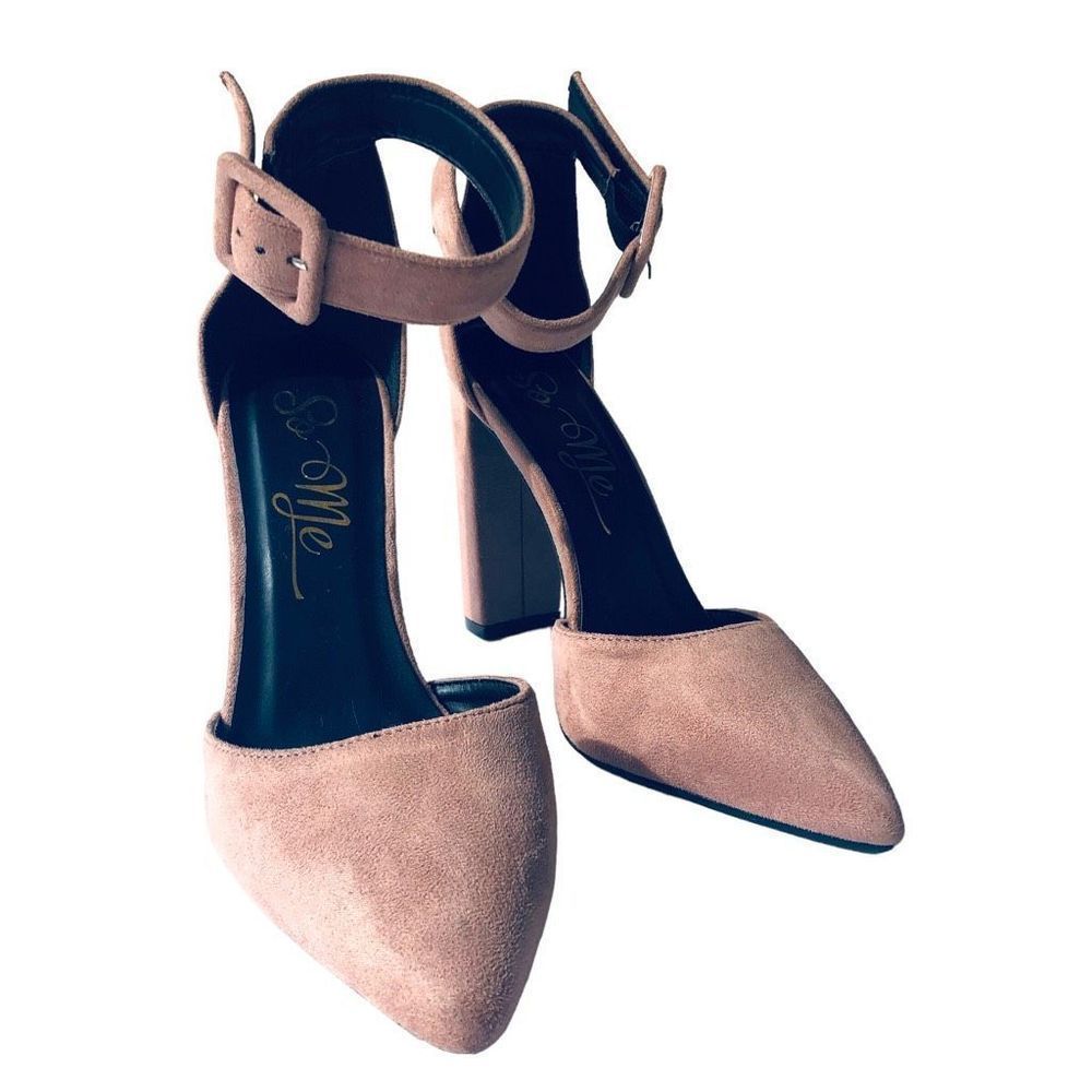 Me Too Melanie Rose Pink Suede Point Toe Ankle Strap Bow Block Heel Size 8